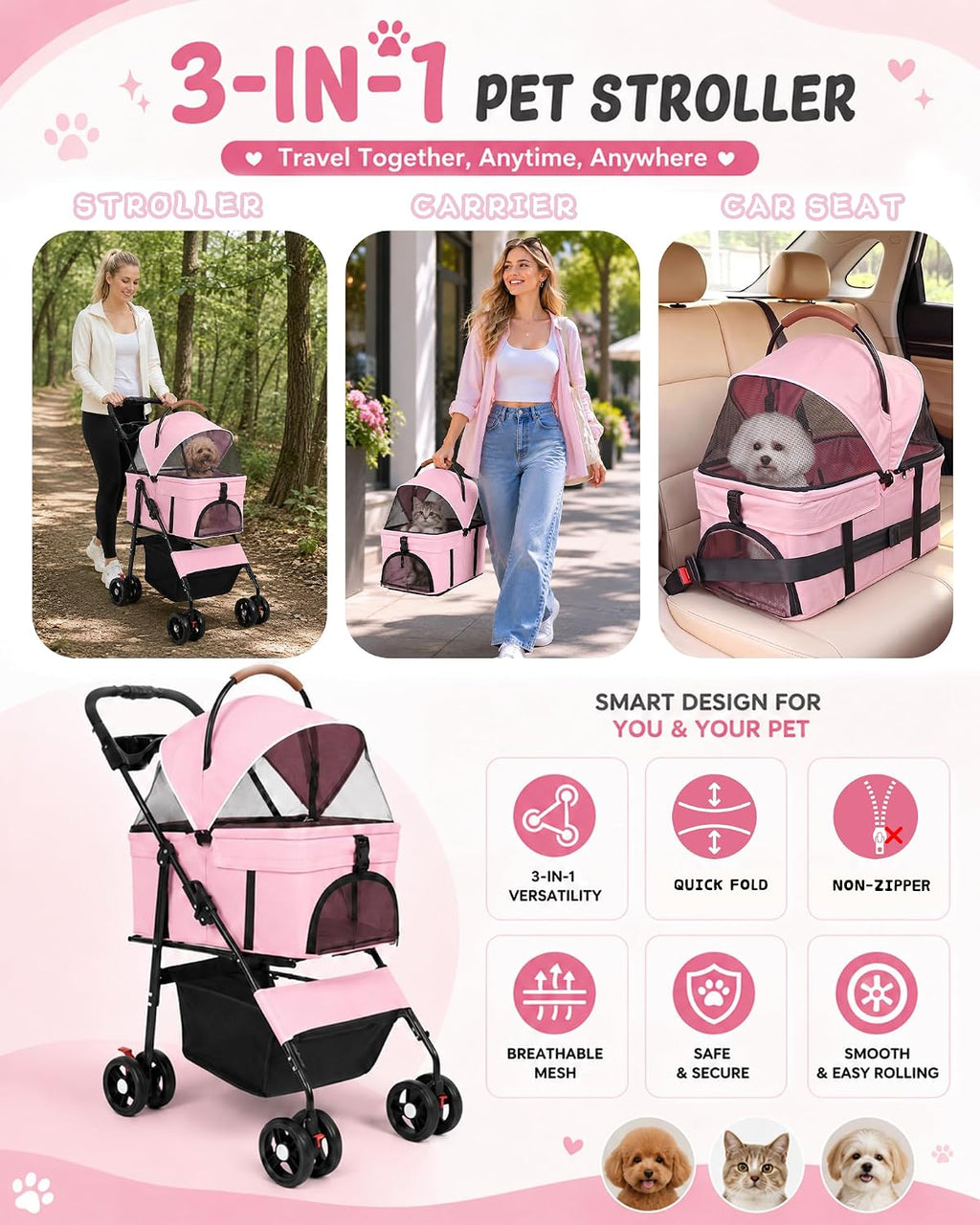 Pet Stroller, 3 in1 Foldable Dog Cat Stroller with Detachable Carrier-35lbs