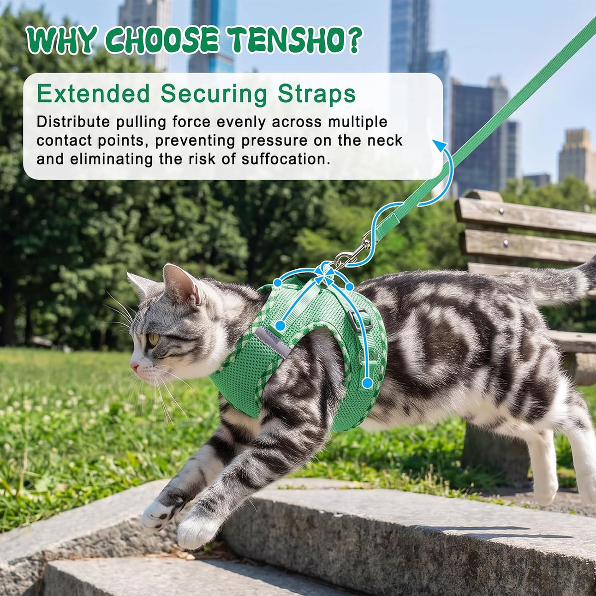 Tensho Cat Harness and Leash Set Escape Proof Vest, Green S
