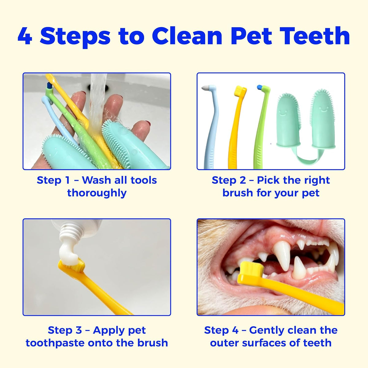 Cat Toothbrush Kit with 3 Compact-Head Brushes and Cat Finger Toothbrush