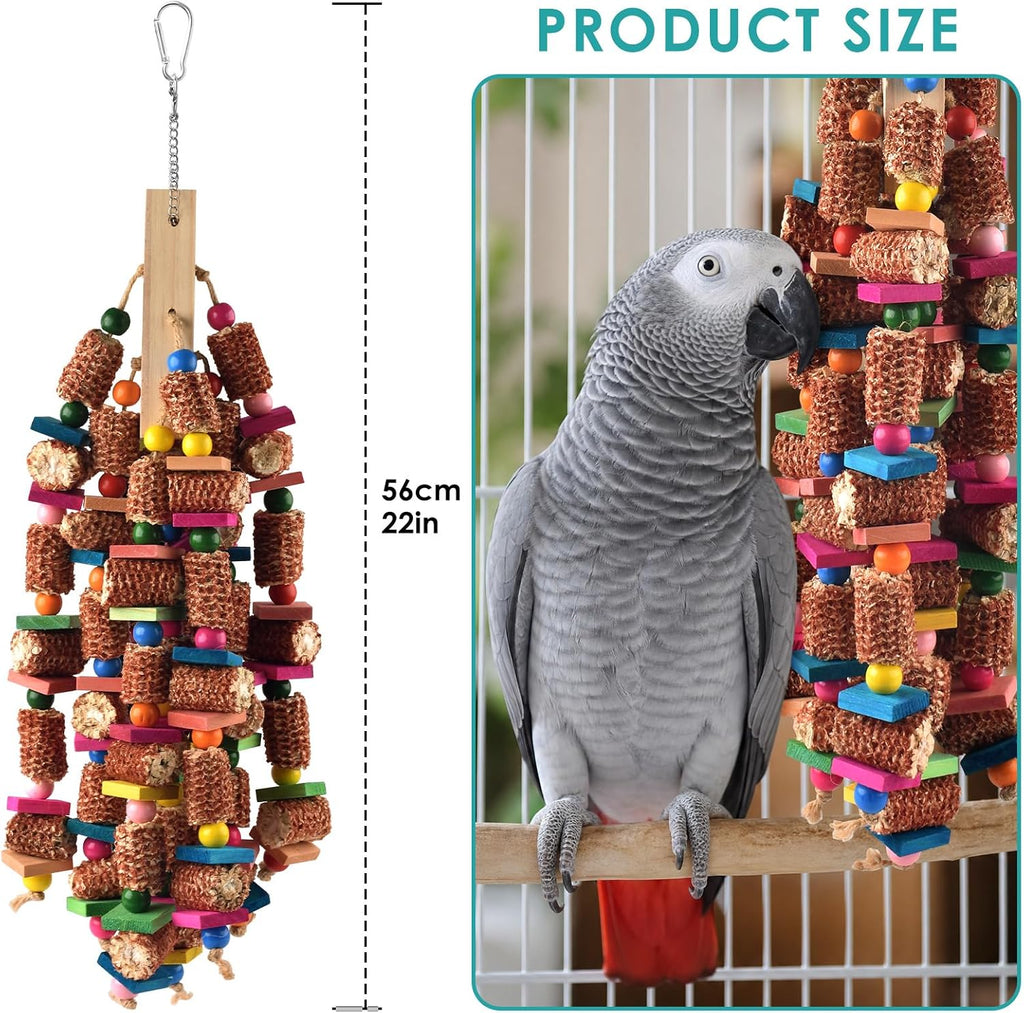 DBNESS Bird Toys for Parrots, 22in Large Parrot Chew Toys Natural Wood and Corn Cob Hanging Chewable Shredding Toy for Bird Cage, Foraging Toy for Macaws African Greys Cockatoos Amazons