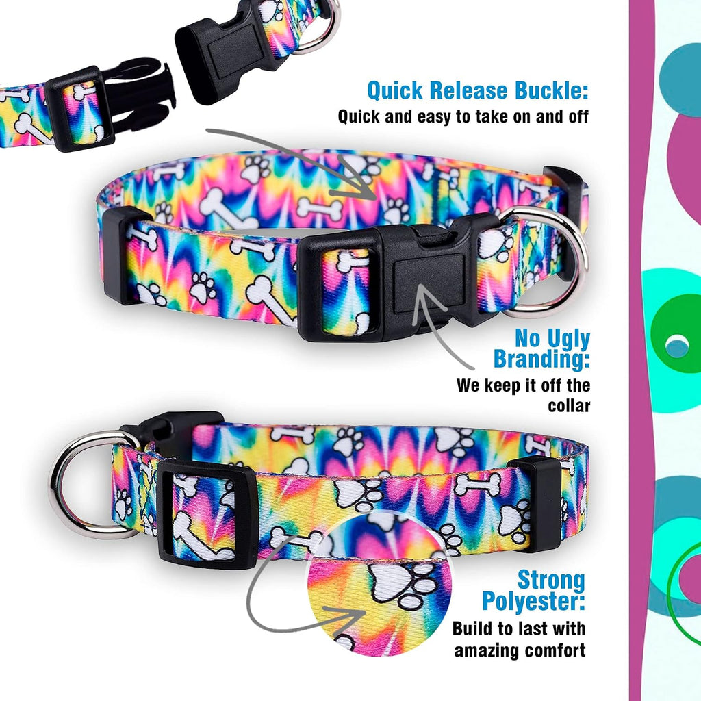 Native Pup Tie Dye Dog Collar, Paws and Bones Hippie Tiedye for Medium Dogs (Medium)