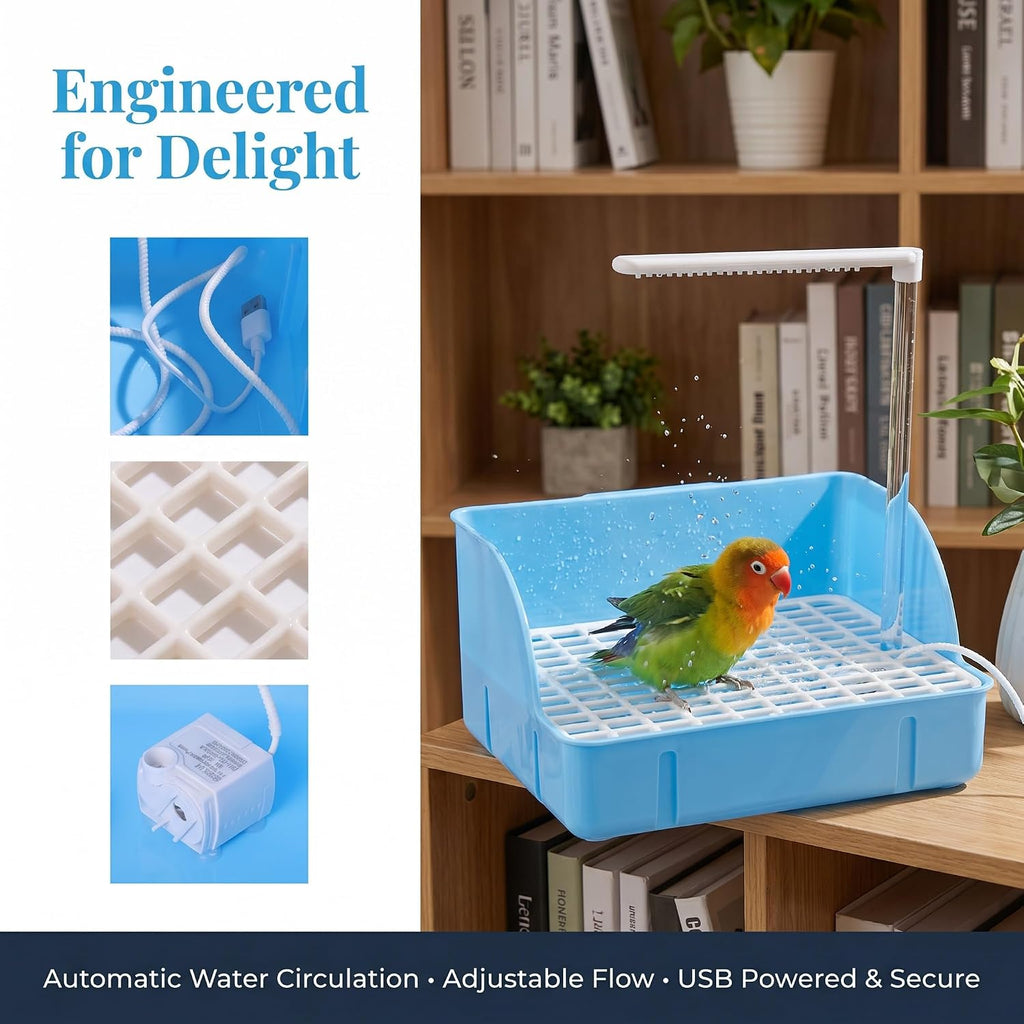 Automatic Bird Bath Shower with Water Spray, Pet Bathtub for Parrots (blue)