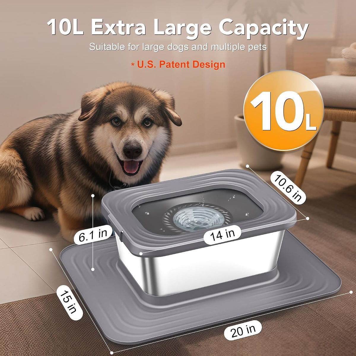 Decflow No Spill Dog Water Bowl,10L Stainless Steel Anti-Splash Bowls