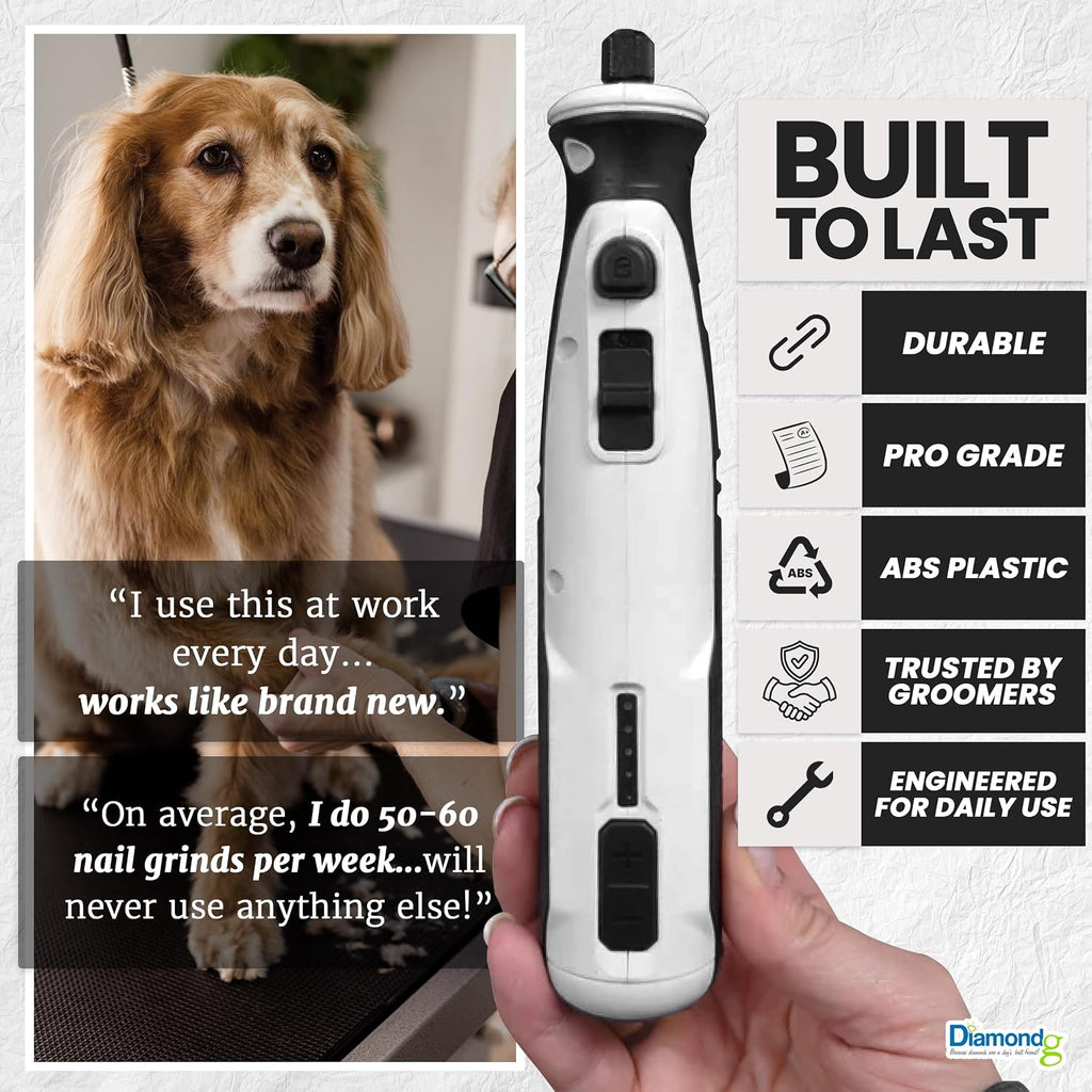 Diamondg Cordless Dog Nail Grinder - Quiet Sound with LED Light, White