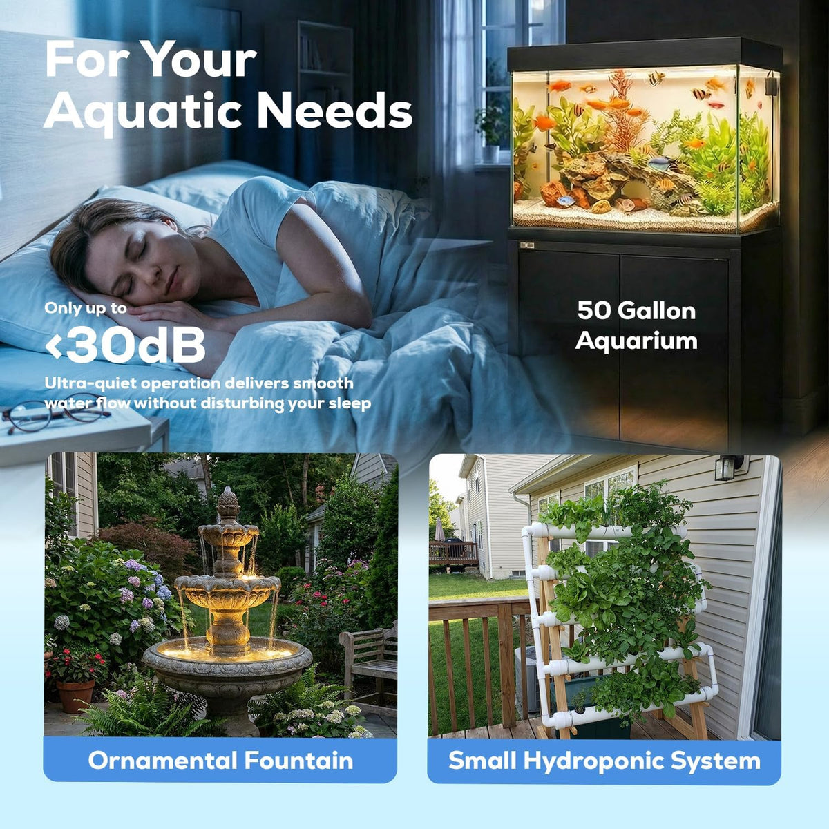 Aqua Dream 317 GPH Submersible Pump - 22W Adjustable Ultra Quiet Water Pump for Aquariums and Fountains, 6.6ft Max Lift, Indoor/Outdoor Hydroponic Fish Tank Pump - 1 Pc