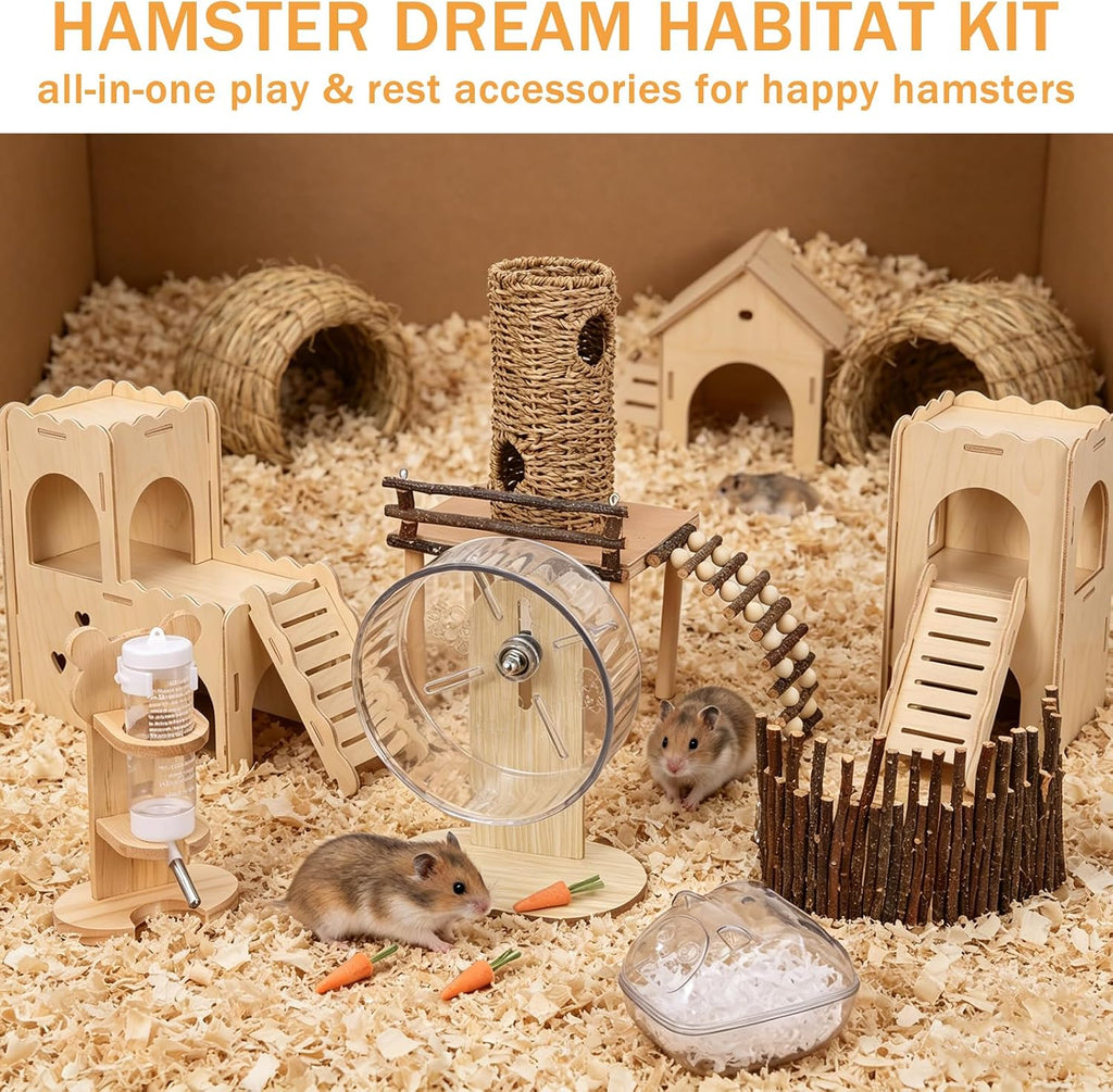 Foxtell 11 Pcs Hamster Cage Accessories, Hamster Toys Set, Hamster Hideout, Hamster Wheel for Rat Mice Small Animals Habitat (Fun Interactive Style)