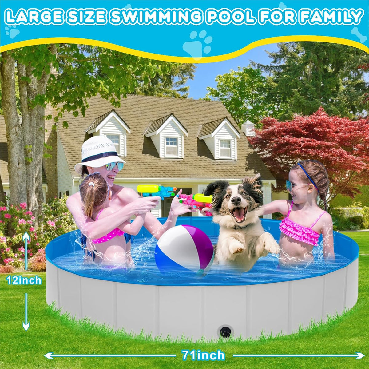 Extra Large Foldable Dog Pool,71"x 12" Portable Anti-Slip Kiddie Pool Hard Plastic, Swimming Pool for Dogs Cats and Kids Pet Puppy Bathing Tub