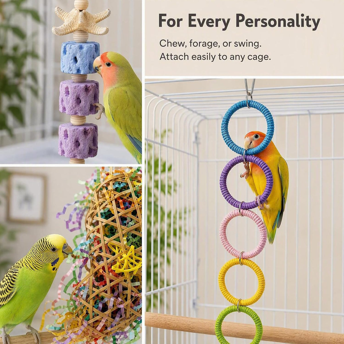 3 Pcs Bird Toy Set Calcium Stone Grind Block Shredder Paper Foraging Pouch 6 Ring Swing Chain Cage Accessories for Parrots Cockatiels Lovebirds Budgies