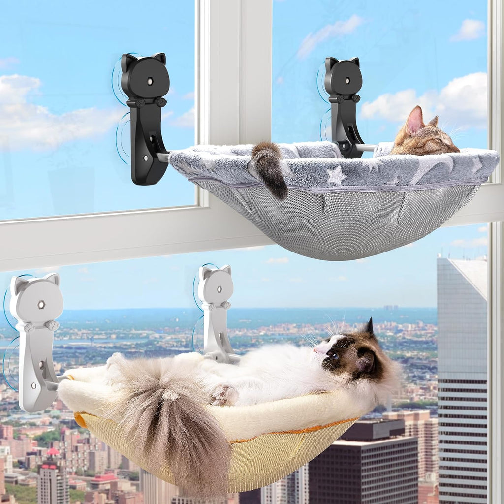 JUNSPOW Cat Window Perch Cordless, Foldable & Stable Cat Beds- Breathable Cat Window Hammock for Overlooking, Sunbathing and Climbing - Maximum Hold Up to 40lb