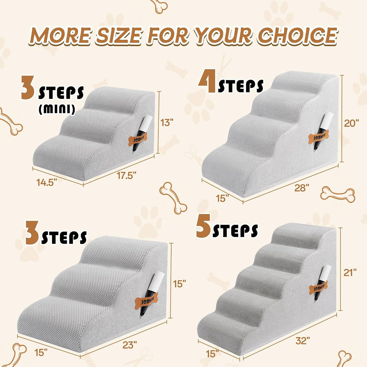 Romrol Dog Stairs Ramp for High Beds Couches, High Density Foam Pet Steps with Durable Non-Slip Waterproof Fabric Cover, Dog Stairs for Small Dogs or Cats or Pets, 3-Step,15 Inch,Light-Grey