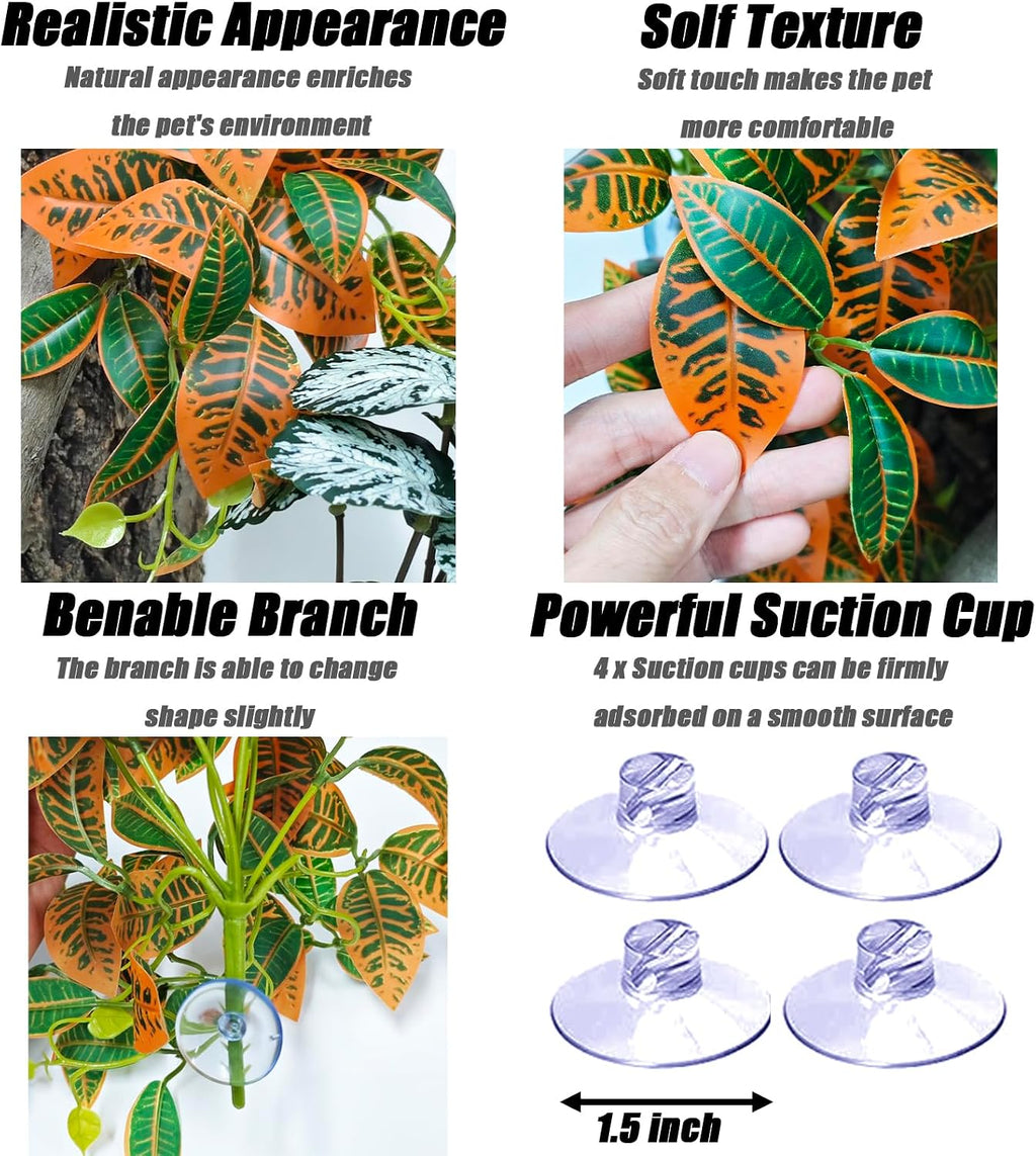 Woyrise 2 Pack Reptile Plants, Terrarium Hanging Plant Vines, Artificial Leaves with Suction Cup, Bearded Dragon Tank Accessories for Gecko Lizard Snake Frog Tortoise Decorations - Codiaeum Variegatum