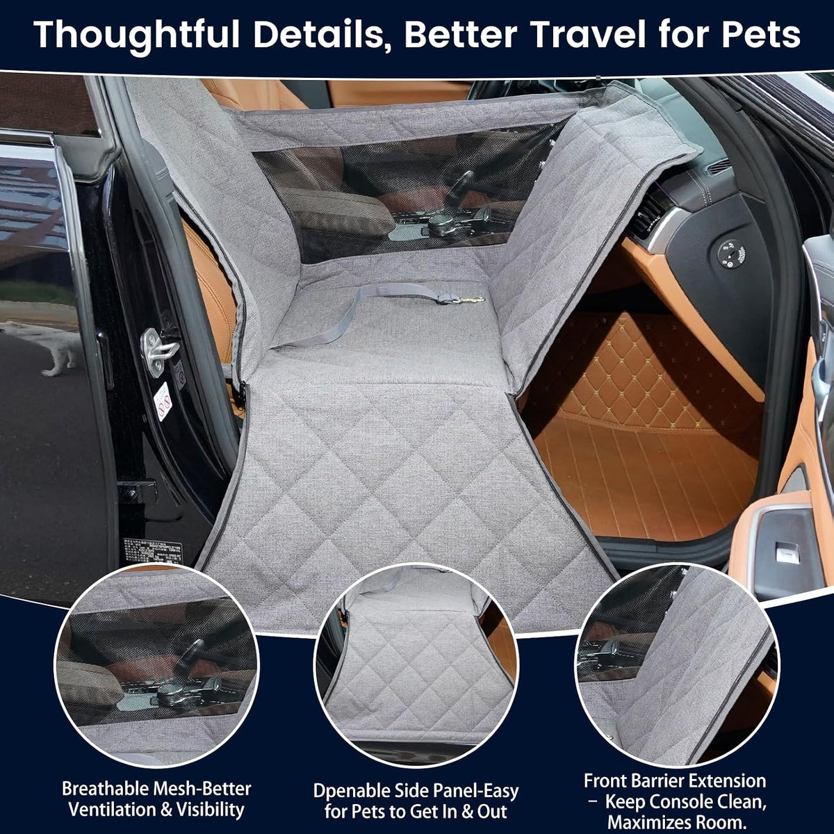 Front Seat Dog Car Seat for Small/Medium Dogs with Door Protection – Full Coverage Waterproof Pet Booster Seat with Mesh Window, Zippered Side Flaps, Safety Buckle, Grey Linen Fabric