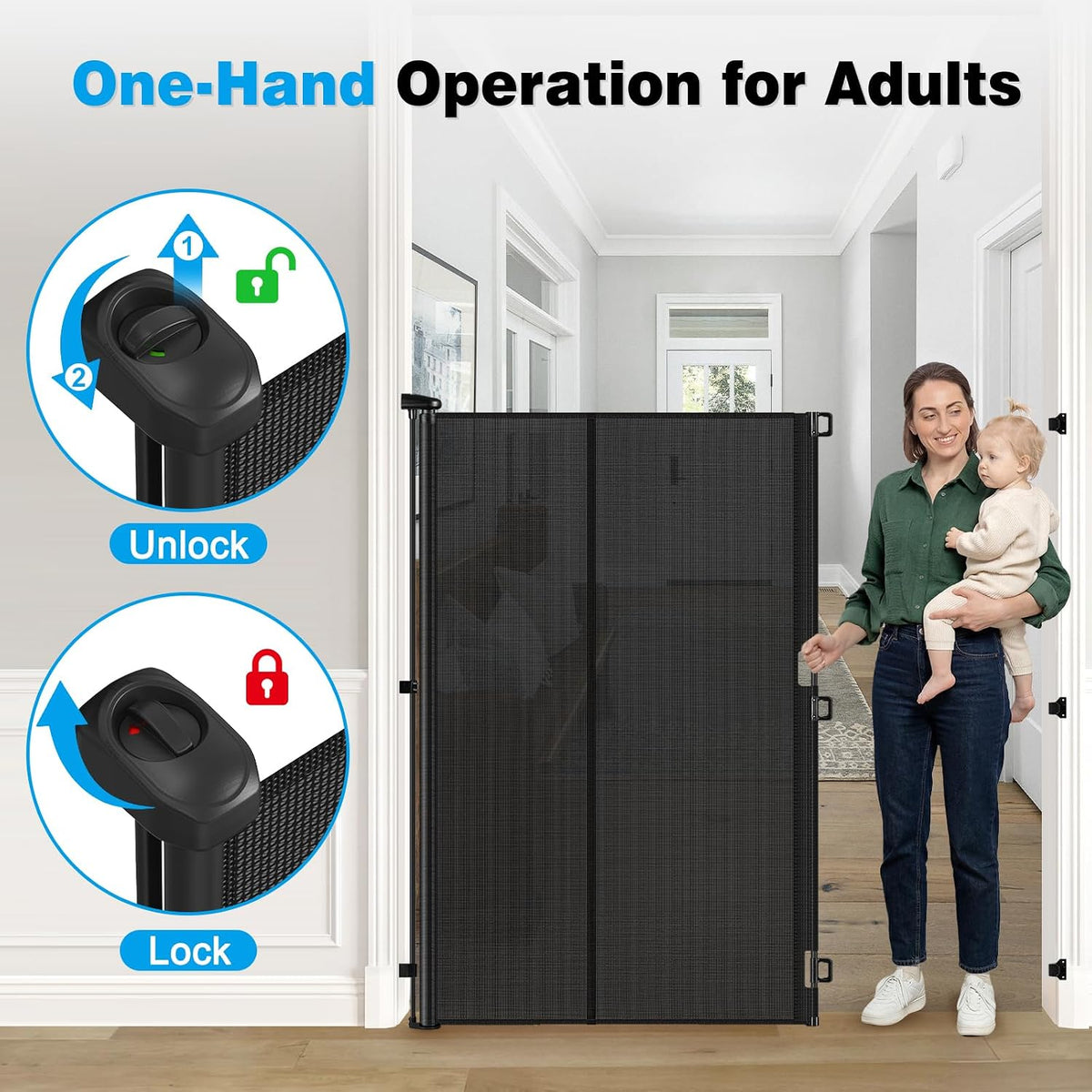 Reinforced 65" Extra Tall Pet Gate for Doorway, Jump-Resistant & Prevent Crawling Underneath Retractable Baby Gates Extra Tall, 0-55" W Retractable Dog Gate for Pet, Dogs, Cats, Puppies, Babies, Black
