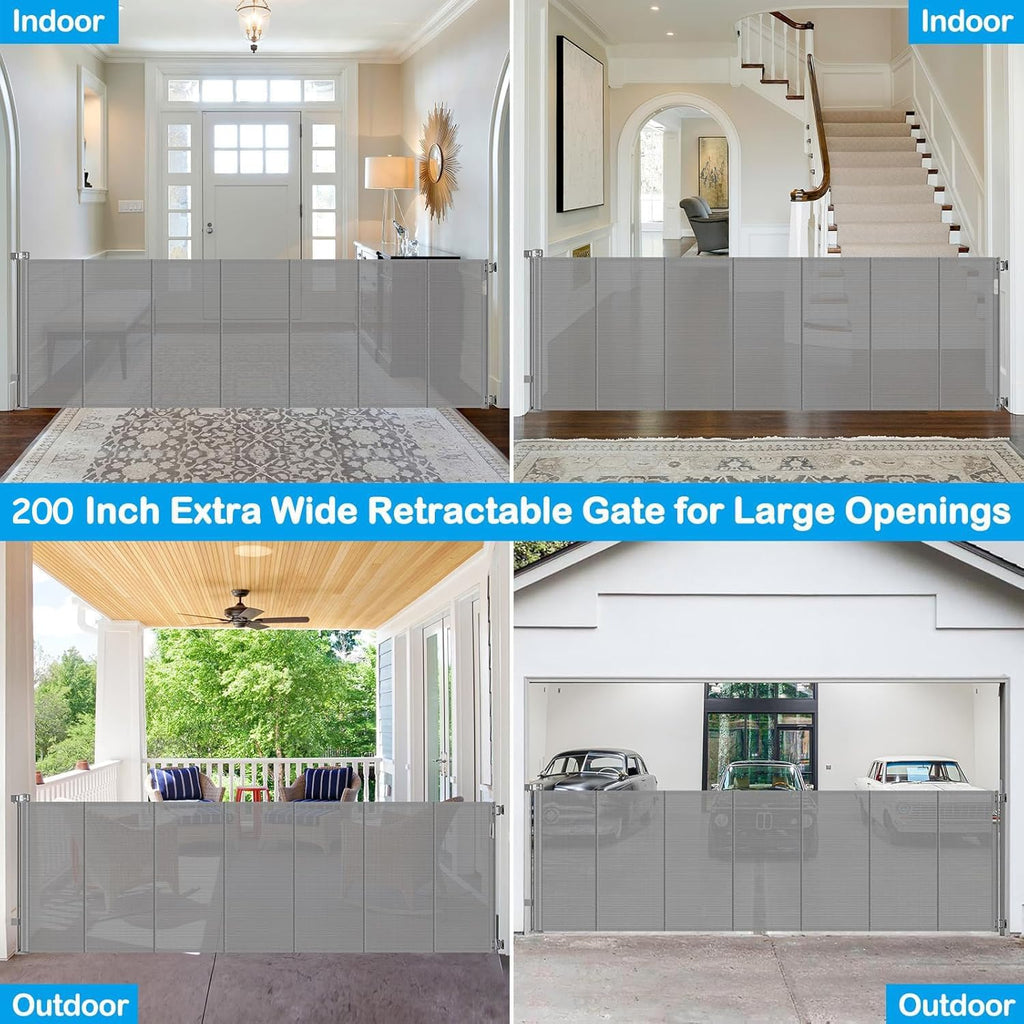 Reinforced 42" Extra Tall Retractable Baby Gate-Prevent Crawling Under, 200" Retractable Pet Gates for Wide Openings, 16ft Mesh Child Gates for Wide Openings, No Bottom Bar Indoor/Outdoor Baby gate