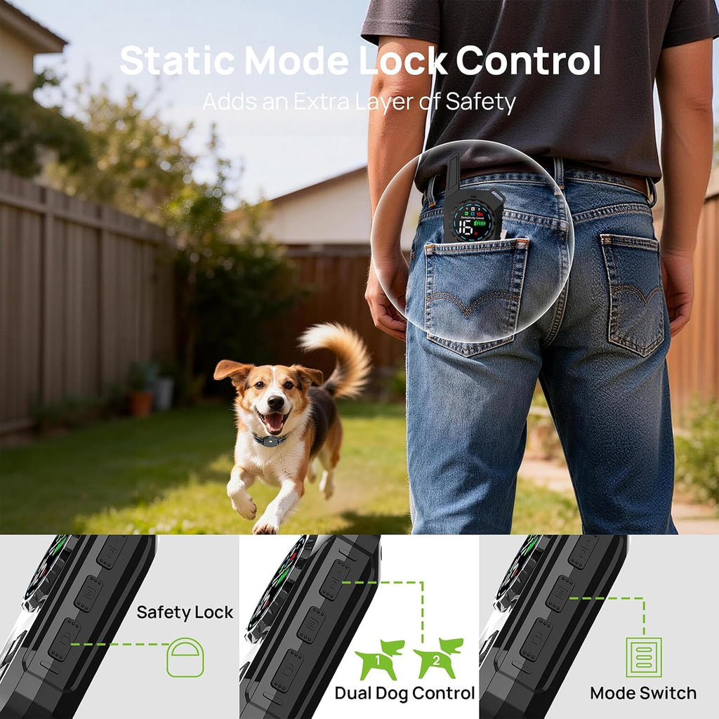 Dog Training Collar with Remote, 3-in-1 Electronic Dog Training & Bark Collar with Beep Vibration Shock Modes, LED Light & Safety Lock, IPX7 Waterproof Rechargeable Collar for Medium Large Dogs