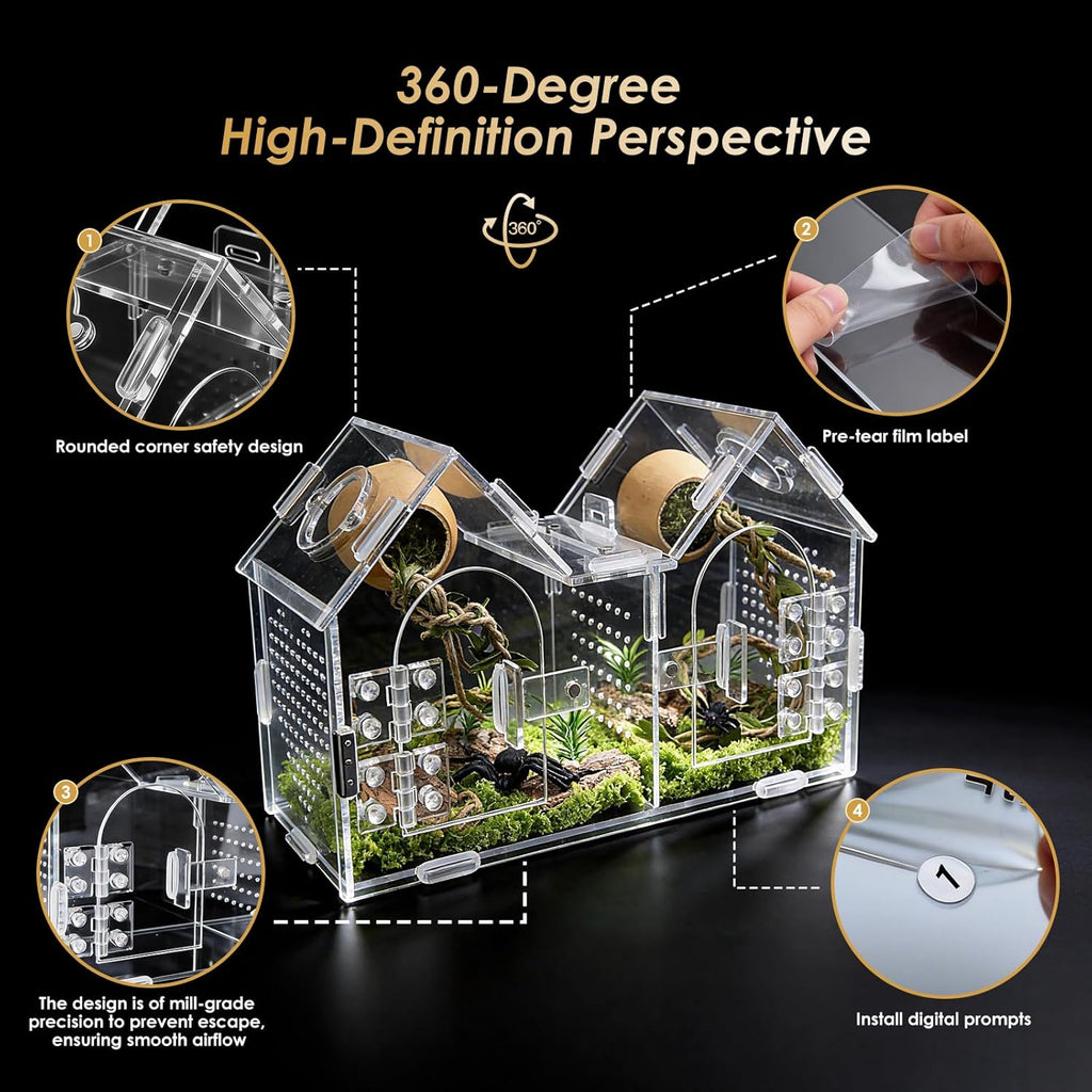 Jumping Spider Enclosure, Acrylic Terrarium with Partition Divider (1-2 Compartments), Dual Magnetic Doors & All-Side Ventilation, Jumping Spiders, Tarantulas, Mantis, GeckosHabitat, 9.6x4.2x5.8