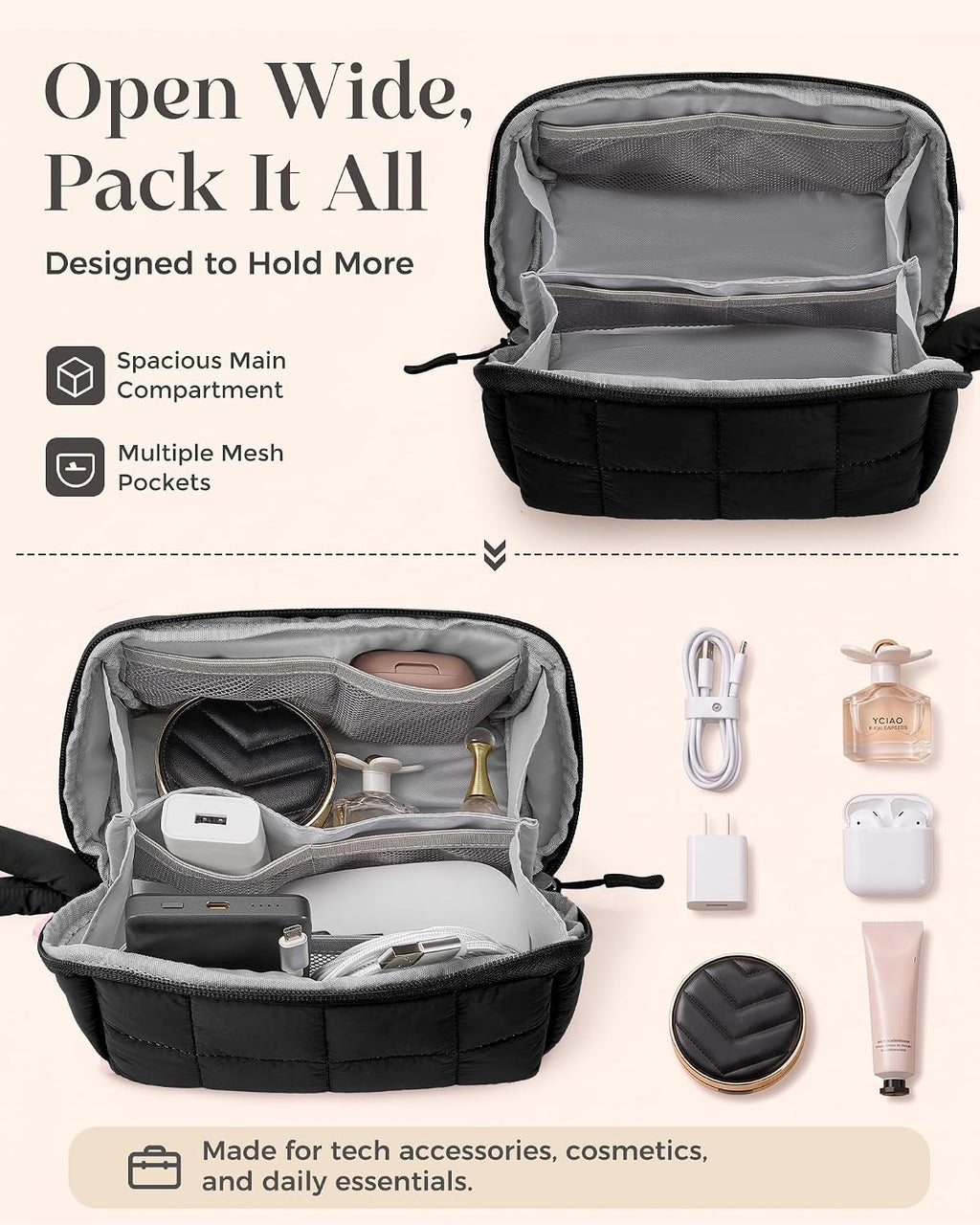 ProCase Travel Electronic Organizer Pouch, Puffy Tech Pouch -M, Black
