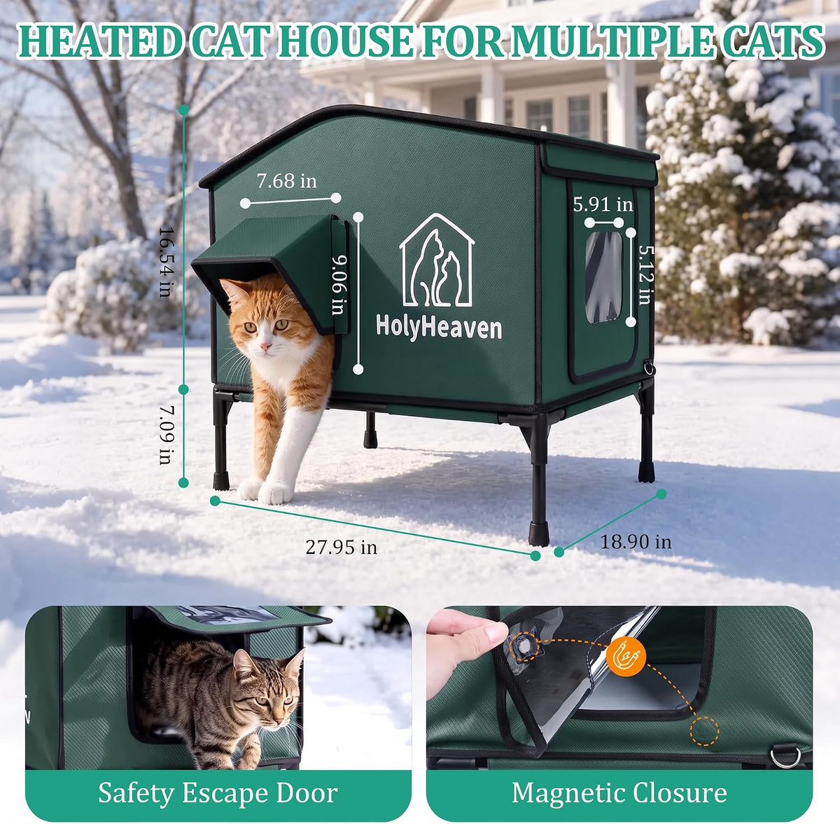 Extra Large PU Leather Heated Cat House for Outside, Waterproof Cat Houses for Outdoor Cats with Heating Pad & Escape Door, Elevated Feral Cat House for Outdoor Cats, 27.95 x 18.9 x 16.5 in (Green)