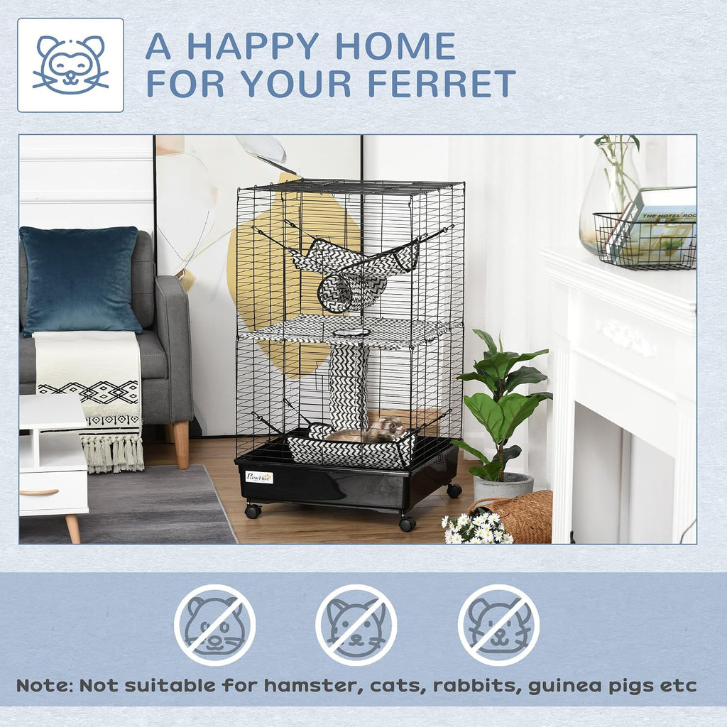 PawHut 42" Ferret Cage, Small Animal Habitat Metal Pet Cage with Wheels Brakes, Hammocks, Hanging Tunnels, and 3 Doors, Black