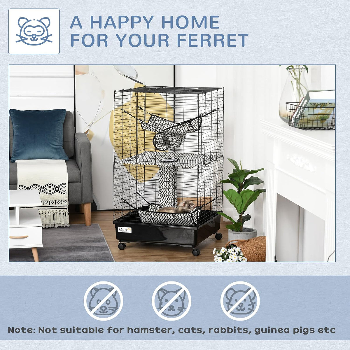 PawHut 42" Ferret Cage, Small Animal Habitat Metal Pet Cage with Wheels Brakes, Hammocks, Hanging Tunnels, and 3 Doors, Black
