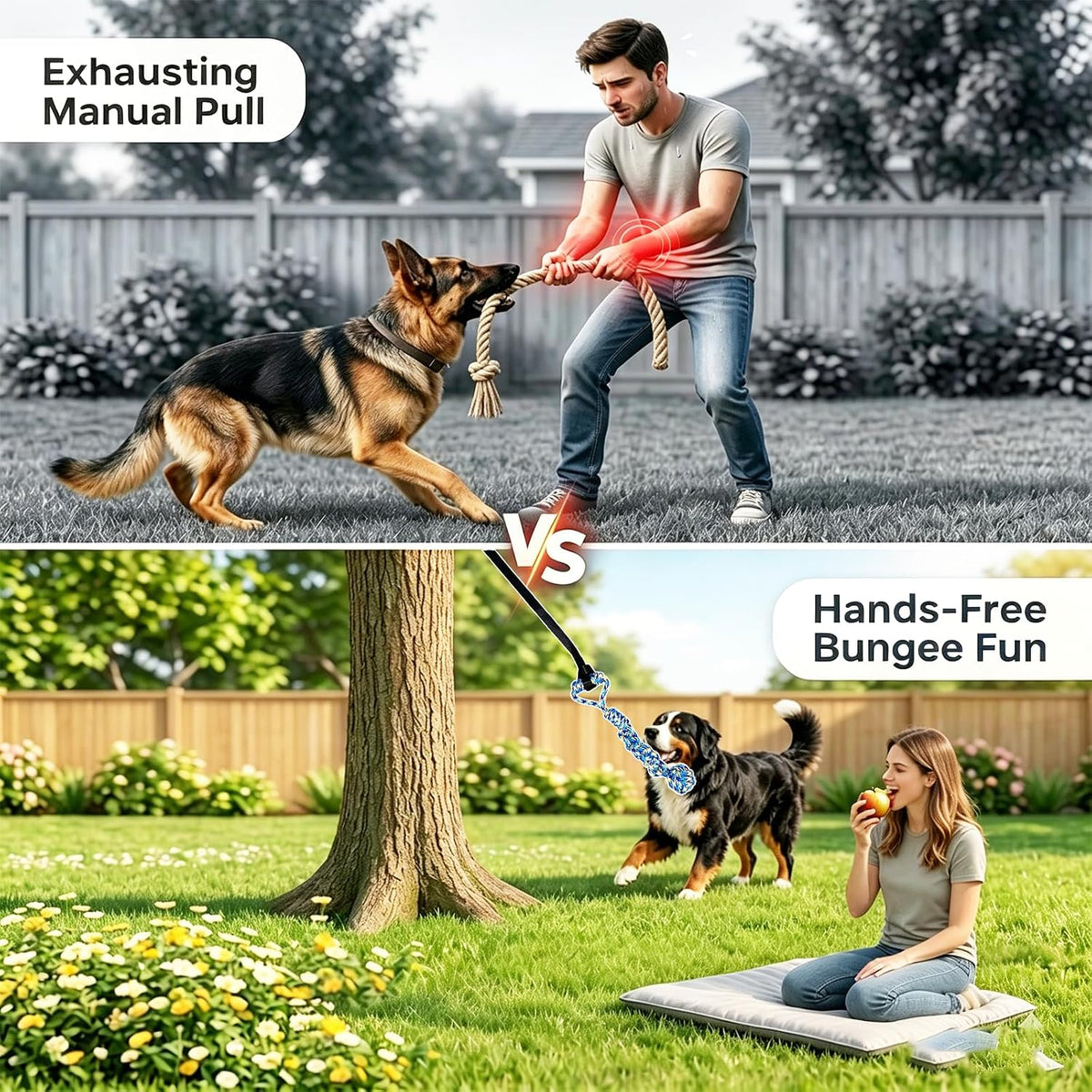 Outdoor Tree Hanging Bungee Tug Toy, Interactive Tether Rope for Large Dogs