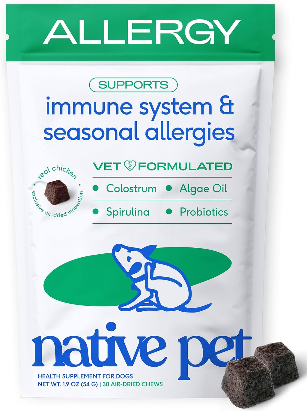 Native Pet Dog Allergy Chews for Medium Breeds - Itchy Skin and Seasonal Itch Support - Colostrum, Probiotics, Spirulina - 30 Chews