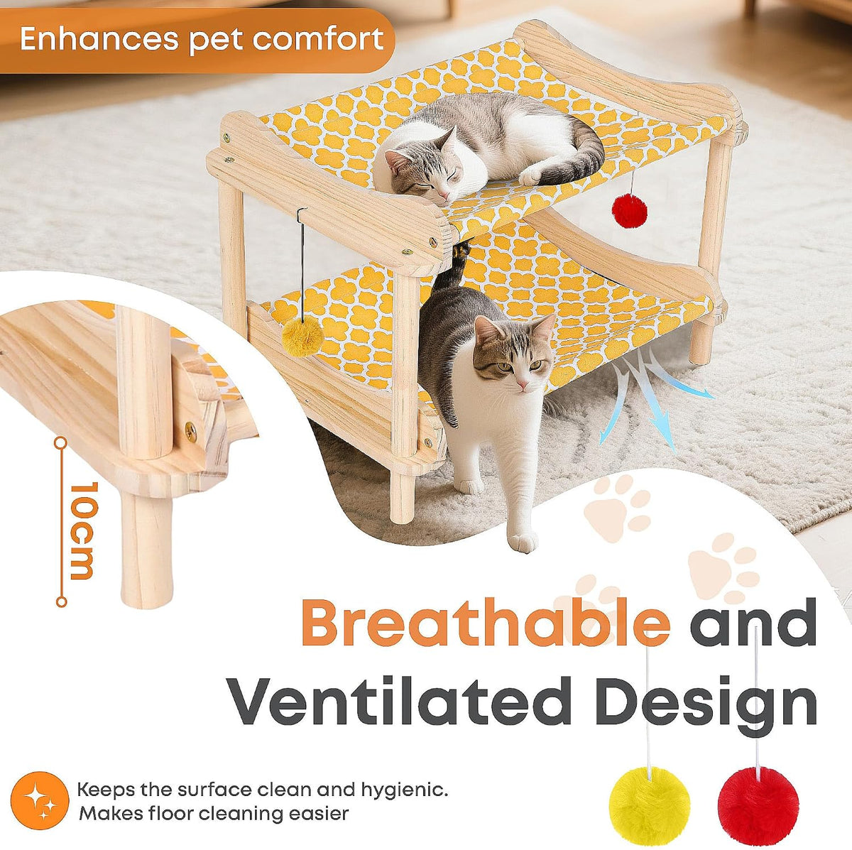2-Layer Cat Hammock Bed, 24"x15.7"x16.3" Elevated Cat Bed with Pine Wood Frame, Breathable Washable Covers, Wooden Pet Furniture for Indoor Cats and Small Animals(Orange-2)