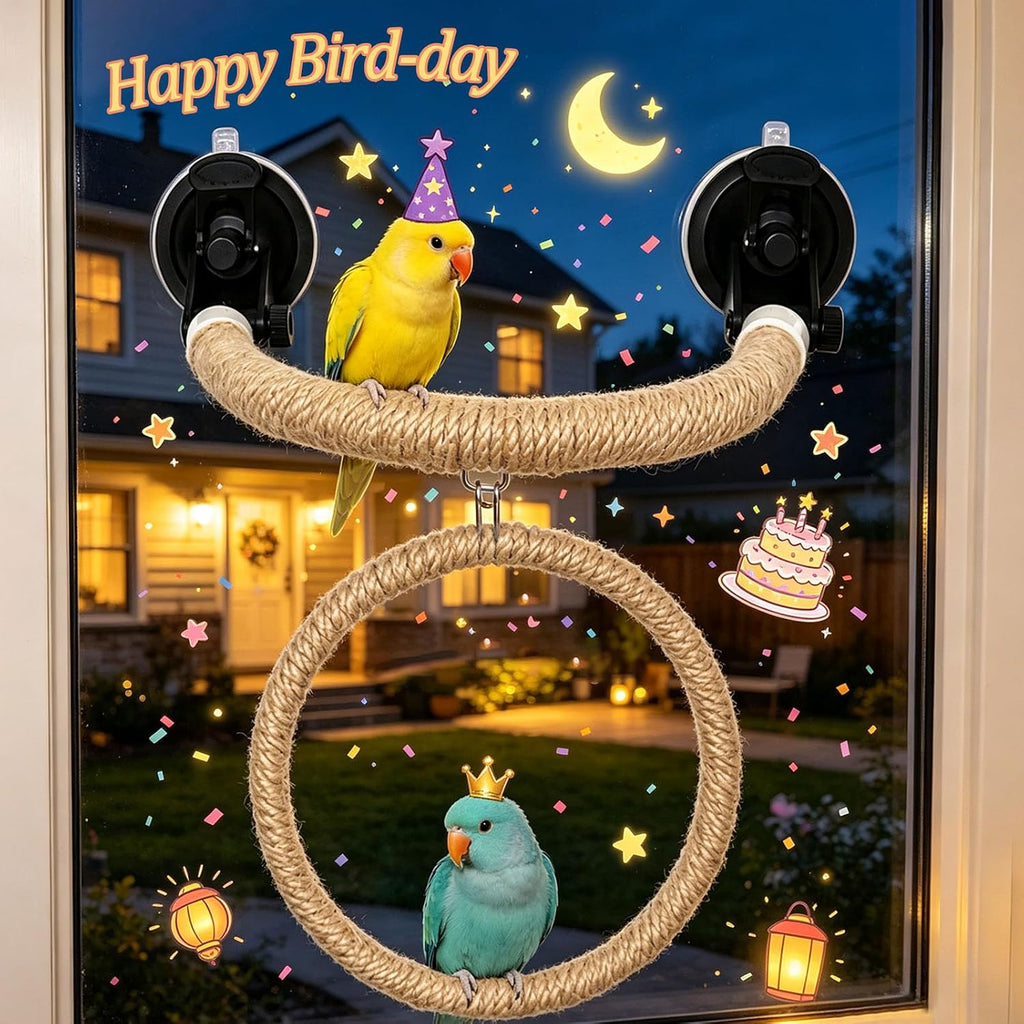Natural Flax Bird Perch Window Stand for Climbing Grinding, Strong Suction Cup Bird Perch, Movable Parrot Perch Stand for Window Mirror Bath Car, Window Perch for Birds Cockatoo Parrot Cockatiel