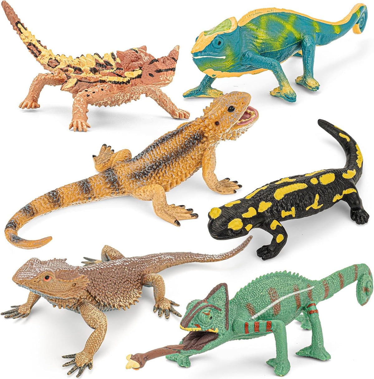 6PCS Large Lizard Figurines Rainforest Animal Toys, Realistic Plastic Reptile Animal Figurines, Includes Bearded Dragon,Fire Salamander,Chameleons,Coast Horned Lizard Toys, STEM Toy for Kids