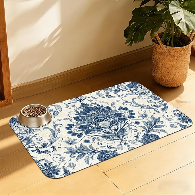 Vintage Floral Paisley Pet Feeding Mat, Absorbent Dog Cat Bowl Pad, Quick Dry by QSOQSO