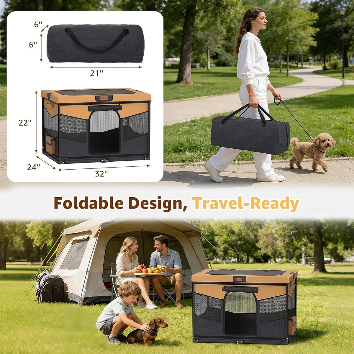 LOOBANI Dog Playpen for Small Dogs, 32"x24"x22", Foldable & Portable, Brown