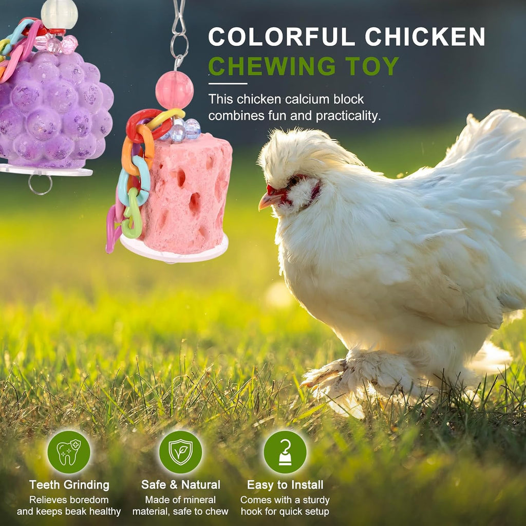 M METERXITY 2-Pack Chicken Chewing Toy, Calcium Block Beak Grinding Stone for Chick/Parrot/Rat Hamster/Bunny/Chinchilla, Cage Toys Coop Accessories [Pink/Purple]