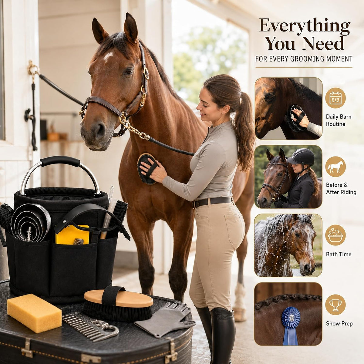 Horse Grooming Kit For Care Bathing & Shedding Brushes & Curry Combs with Organizer Bucket & Silicone Grooming Gloves All-in-One Supplies for Enthusiasts & Professionals