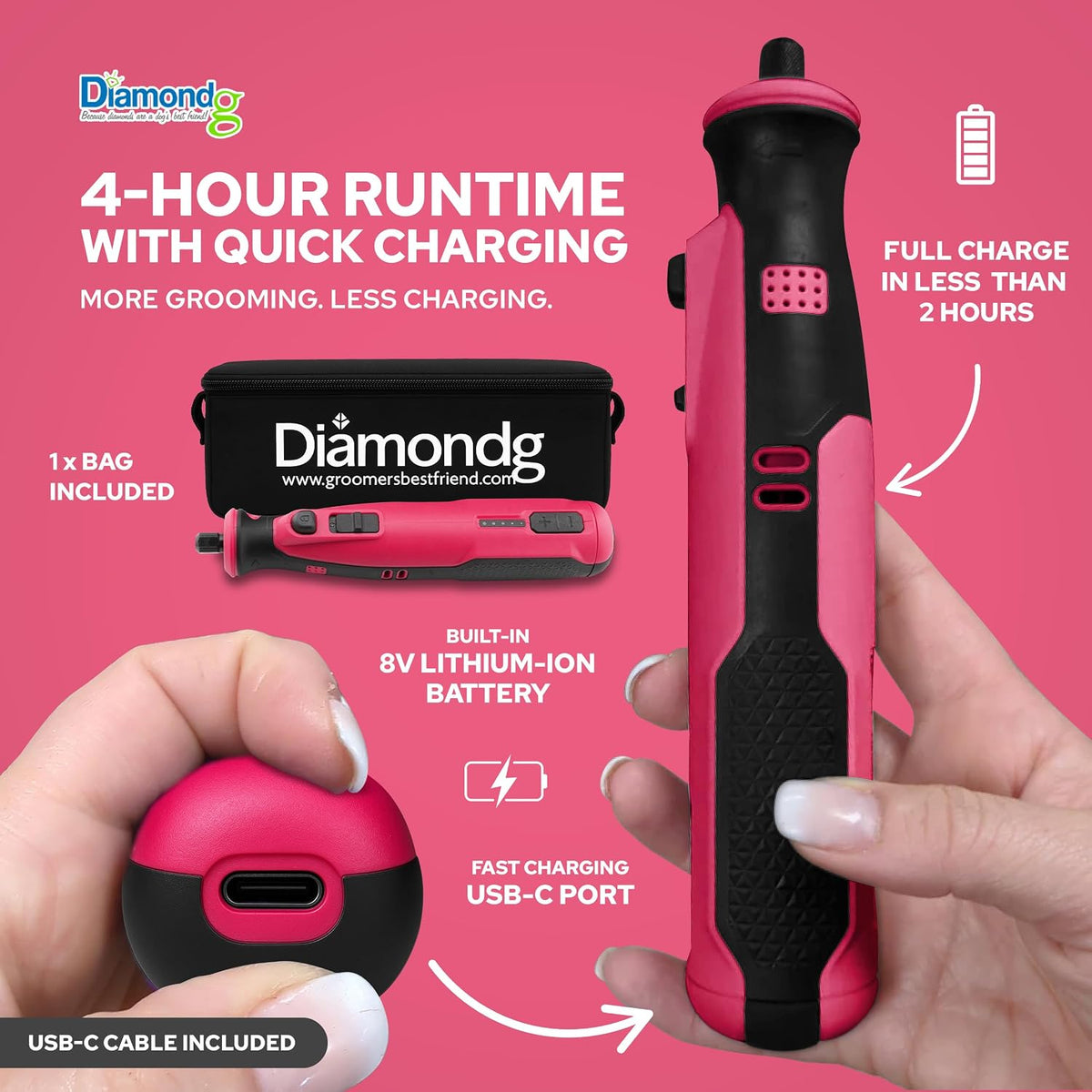 Diamondg Cordless Dog Nail Grinder - Quiet Sound with LED Light, Pink