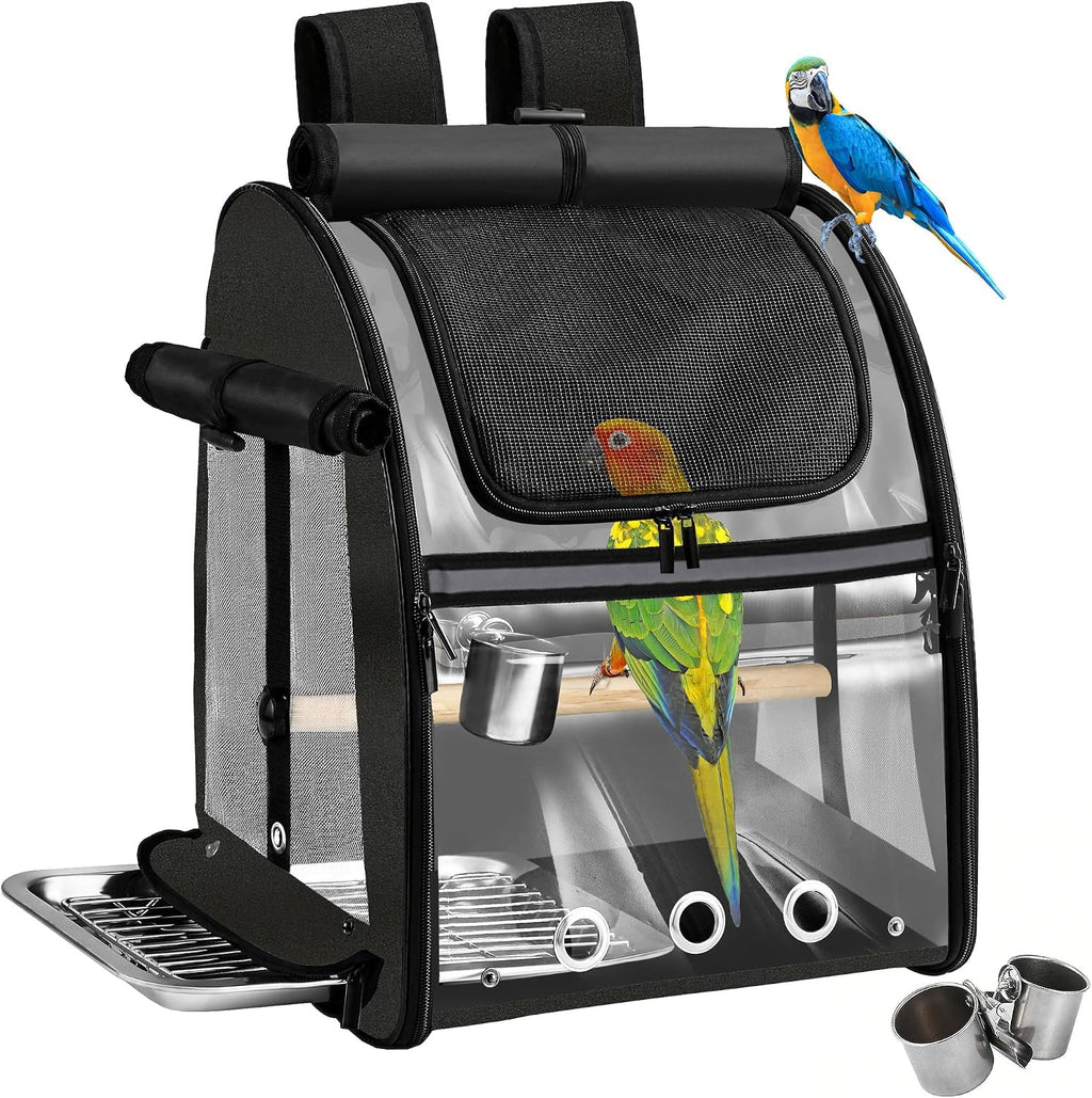 Sanmoncare Bird Carrier Backpack with Stainless Steel Mesh, Parrot Travel Cage with Stand, Easy to Clean, Portable Conures Travel Bag, Pet Breathable Travel Cage
