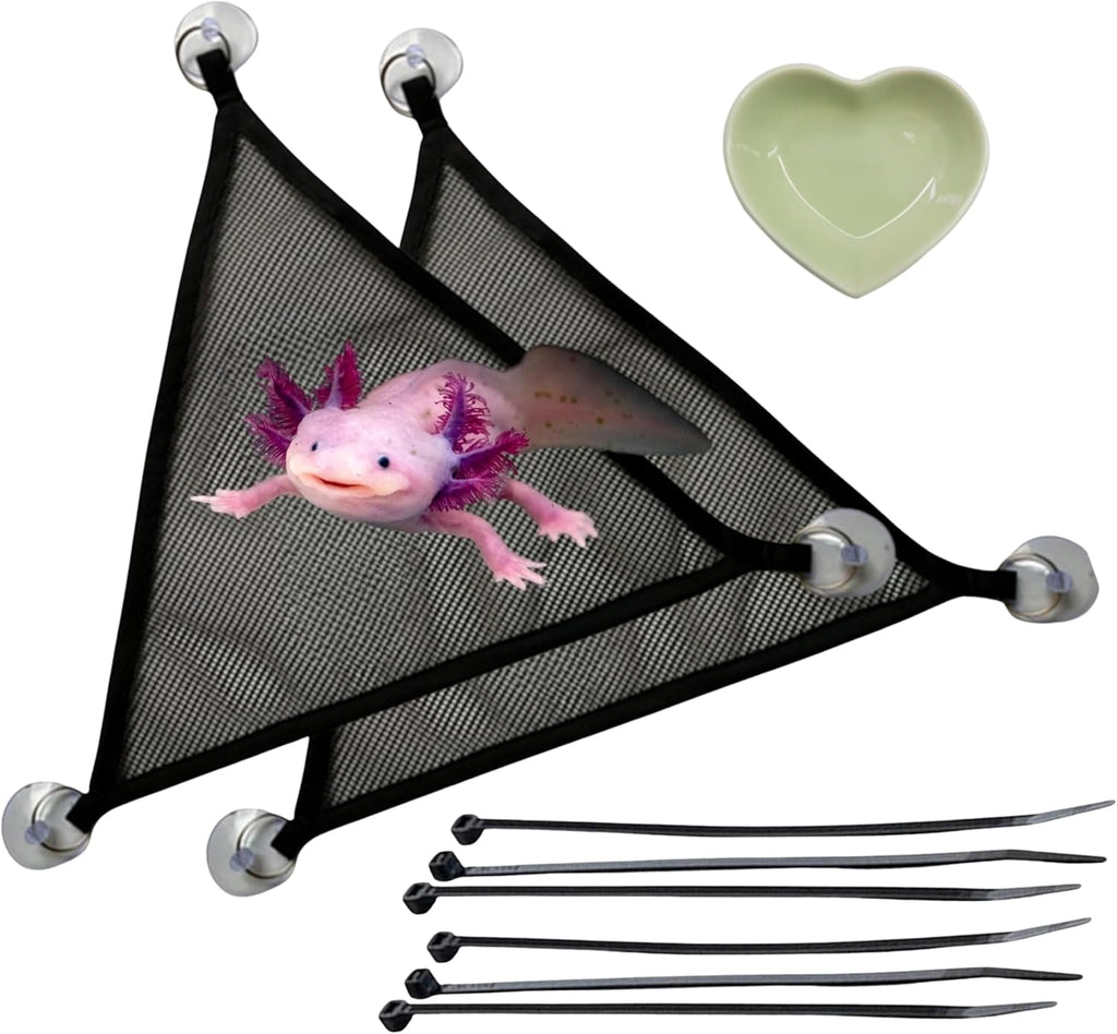 Axolotl Hammock For Aquarium with Ceramic Feeding Dish, Axolotl Hammock with Bowl, Reptile Triangle Hammocks with Tray Feeder, Axolotls Accessories For Tank, Bearded Dragon Tank Accessories (Black, S)