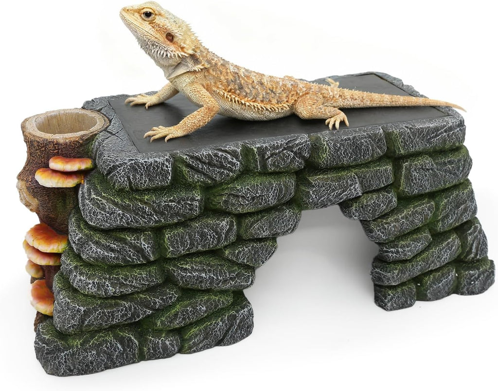 3 in 1 Bearded Dragon Basking Platform, Reptile Habitat Cave Hideout with Food Bowl, Aquarium & Terrarium Decor Accessories for Lizard Snake Gecko Turtle