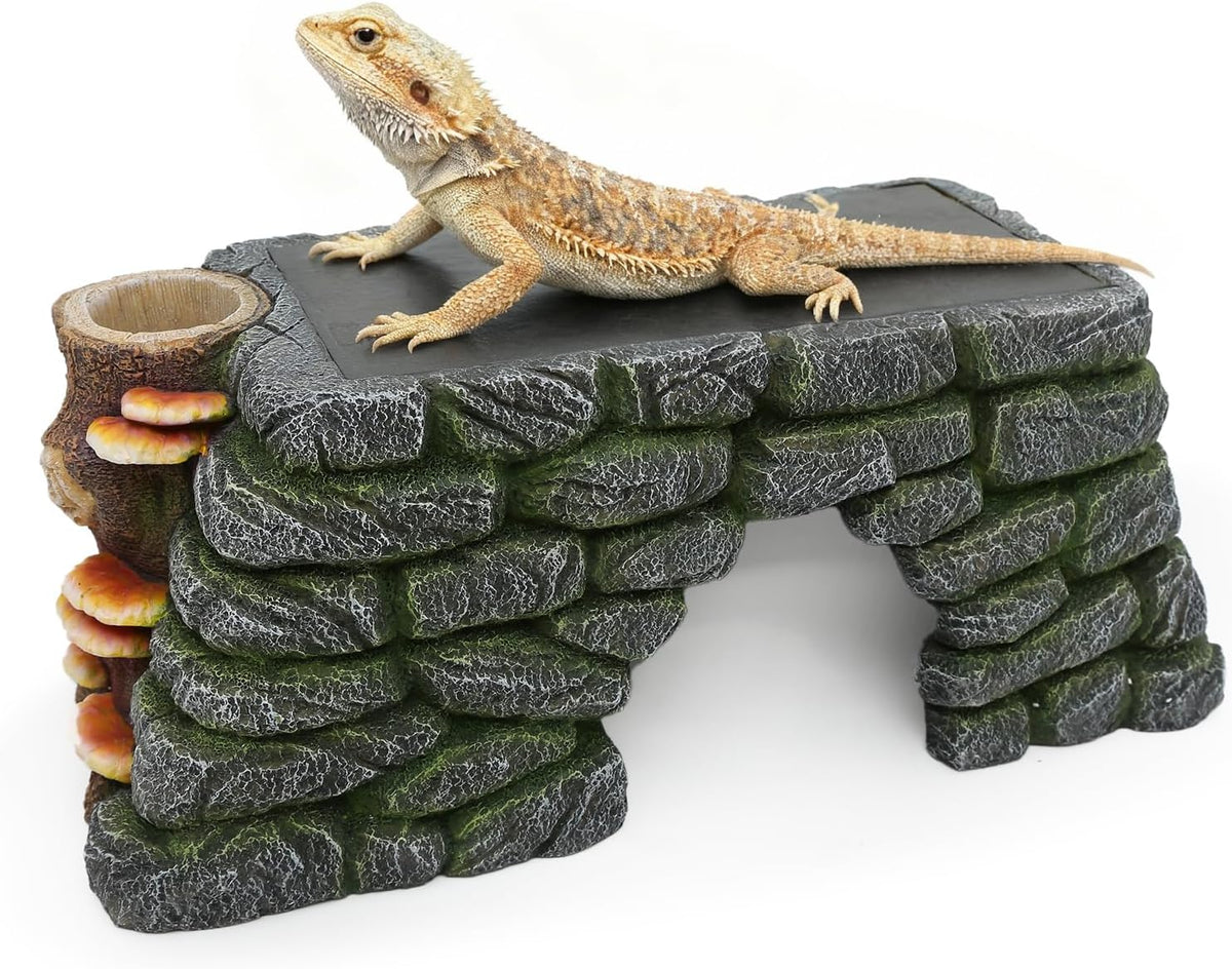 3 in 1 Bearded Dragon Basking Platform, Reptile Habitat Cave Hideout with Food Bowl, Aquarium & Terrarium Decor Accessories for Lizard Snake Gecko Turtle