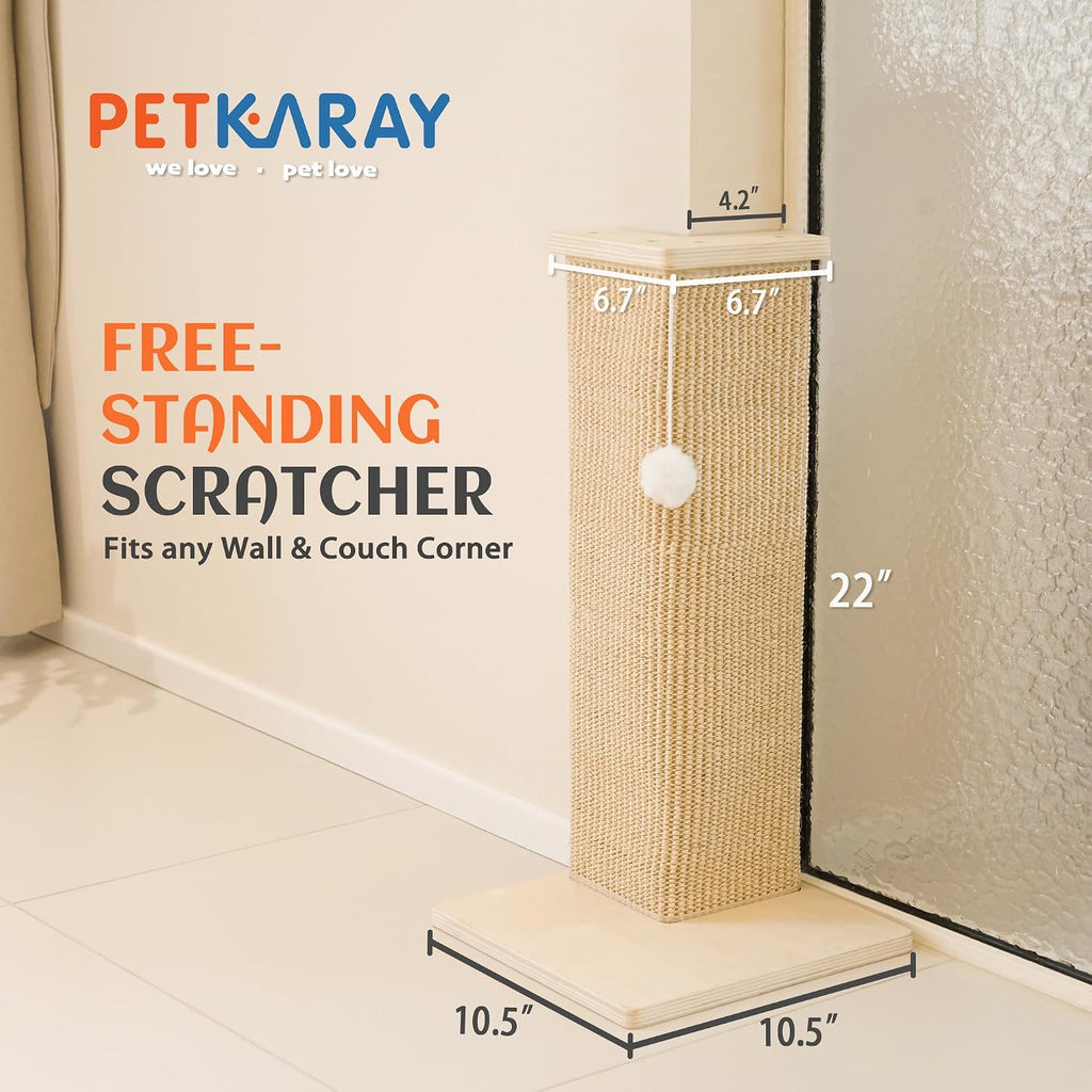 PETKARAY Couch Corner Cat Scratcher, 22'' Corner Scratching Post Cat Wall Scratcher, Sisal Scratch Pad for Sofa, Wall Furniture Protector with Toy Ball