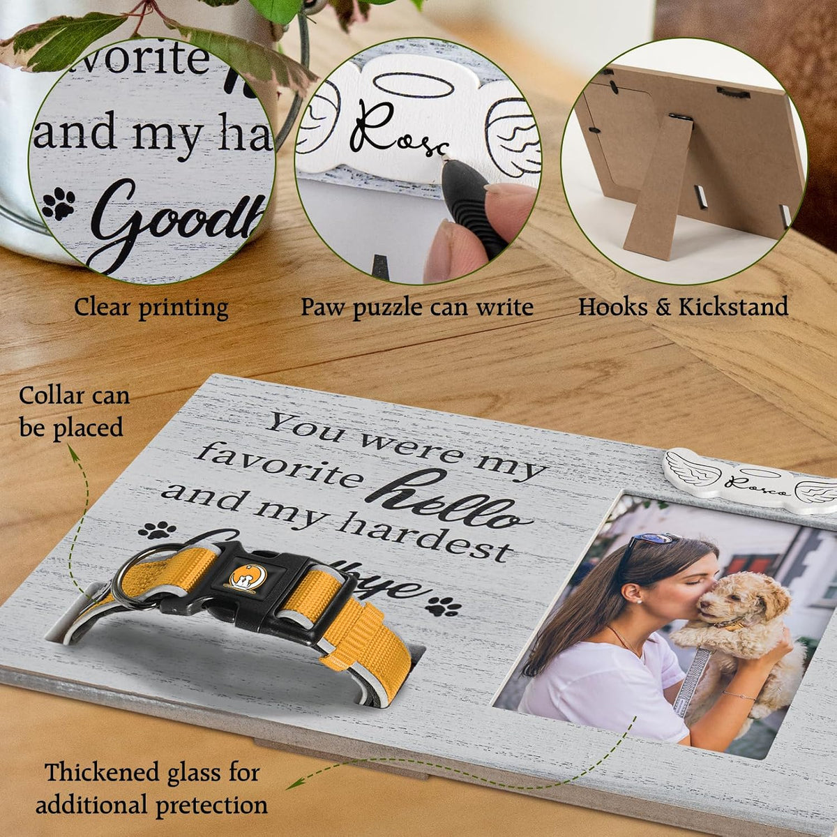 Pet Memorial Picture Frame for Loss of Pet Sympathy Keepsake Pet Collar Keepsake Wood Frame for The Dog, Light Grey Pet Remembrance Gift, Dog Picture Frame for Table, 4" x 6" Photo Insert