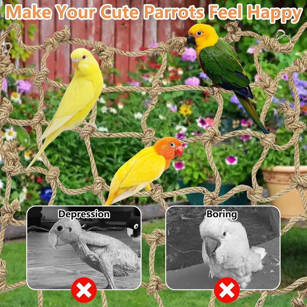 Tfwadmx Natural Bird Rope Net, Large Size - 24''X24'' Parrot Swing Hammock, Bird Climbing Ladder Hanging Cage Perch Chew Toys for Budgies Macaw Conure Finch Cockatoo Budgie African Grey Parakeet
