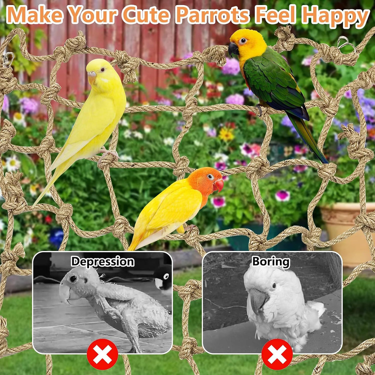 Tfwadmx Natural Bird Rope Net, Large Size - 24''X24'' Parrot Swing Hammock, Bird Climbing Ladder Hanging Cage Perch Chew Toys for Budgies Macaw Conure Finch Cockatoo Budgie African Grey Parakeet