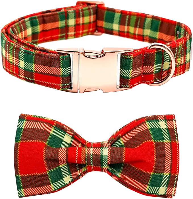 Dog Collar - Christmas Red Plaid Dog Collars Bowtie Gift Soft Bow Collar by BoboRainbow