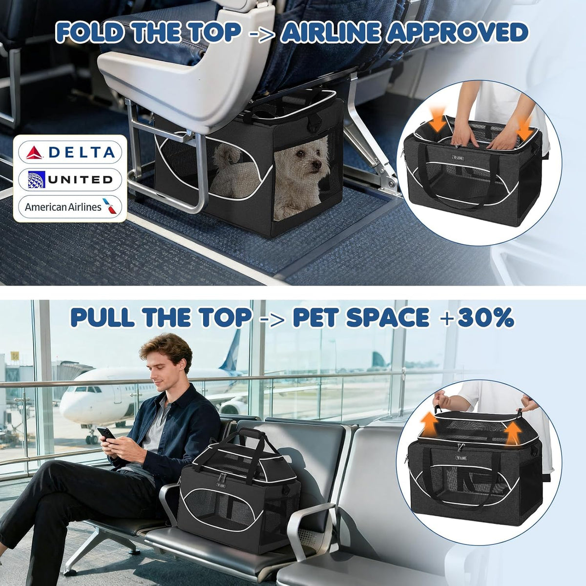 Lekereise Top-Expandable Pet Carrier 18x11x11 Inch Airline Approved Travel