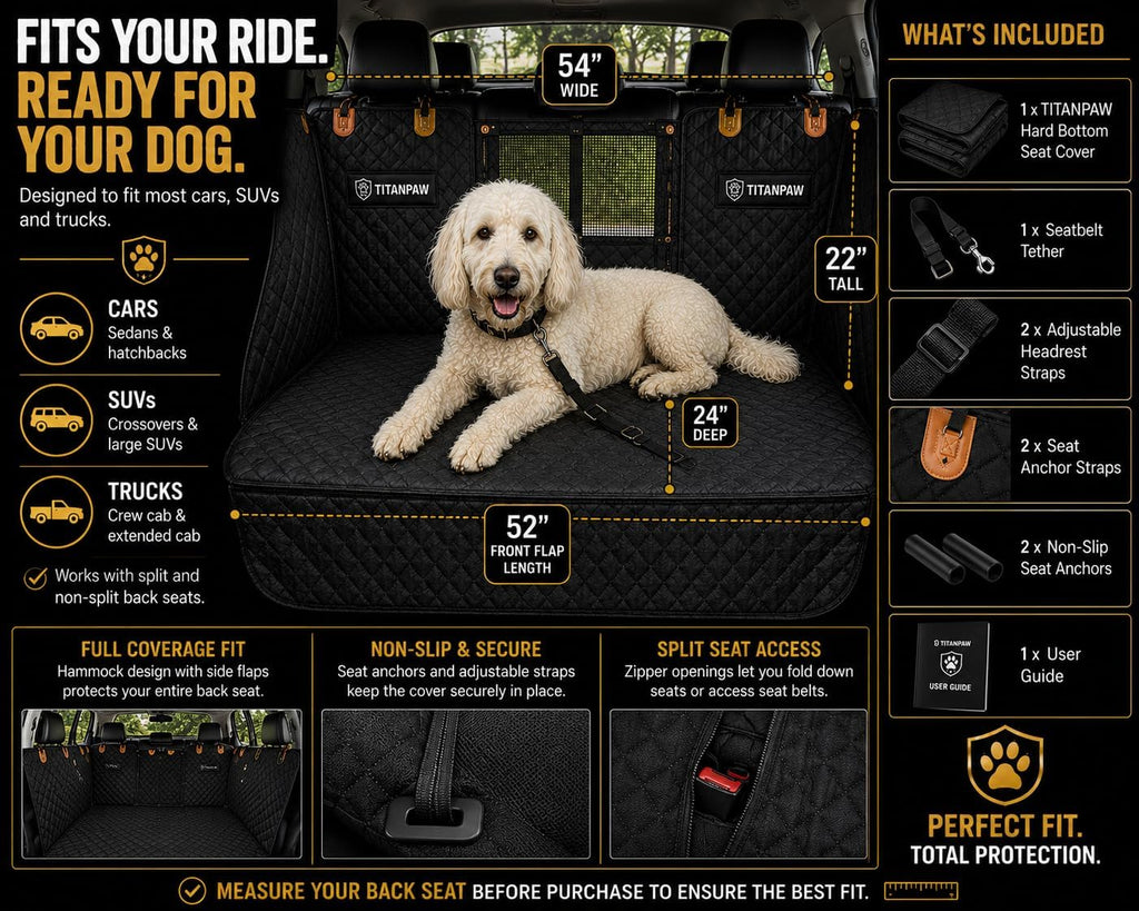 Hard-Bottom Dog Car Seat Cover for Back Seat, Flat Seat Extender for Large Dogs, Waterproof Non-Slip Pet Hammock with 400 lb Support, Fits SUVs, Trucks & Cars