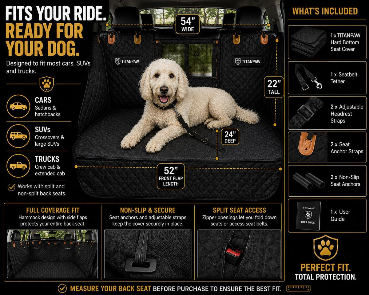 Hard-Bottom Dog Car Seat Cover for Back Seat, Flat Seat Extender for Large Dogs, Waterproof Non-Slip Pet Hammock with 400 lb Support, Fits SUVs, Trucks & Cars