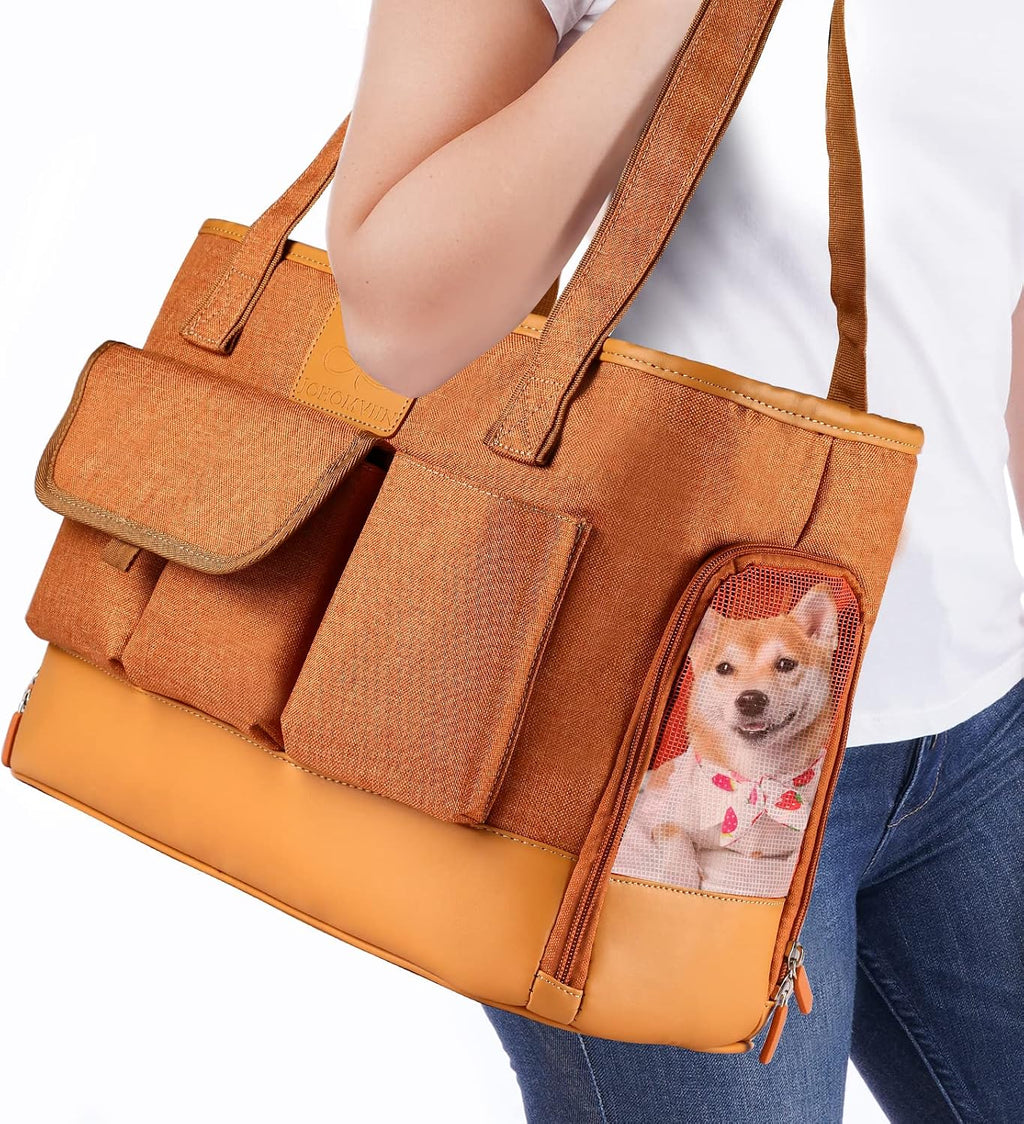 Cat Carrier, Dog Carrier, Pet Carrier, Foldable Waterproof Premium PU Leather Oxford Cloth Dog Purse, Portable Bag Carrier for Small to Medium Cat and Small Dog, Airline Approved Soft-Sided Carrier
