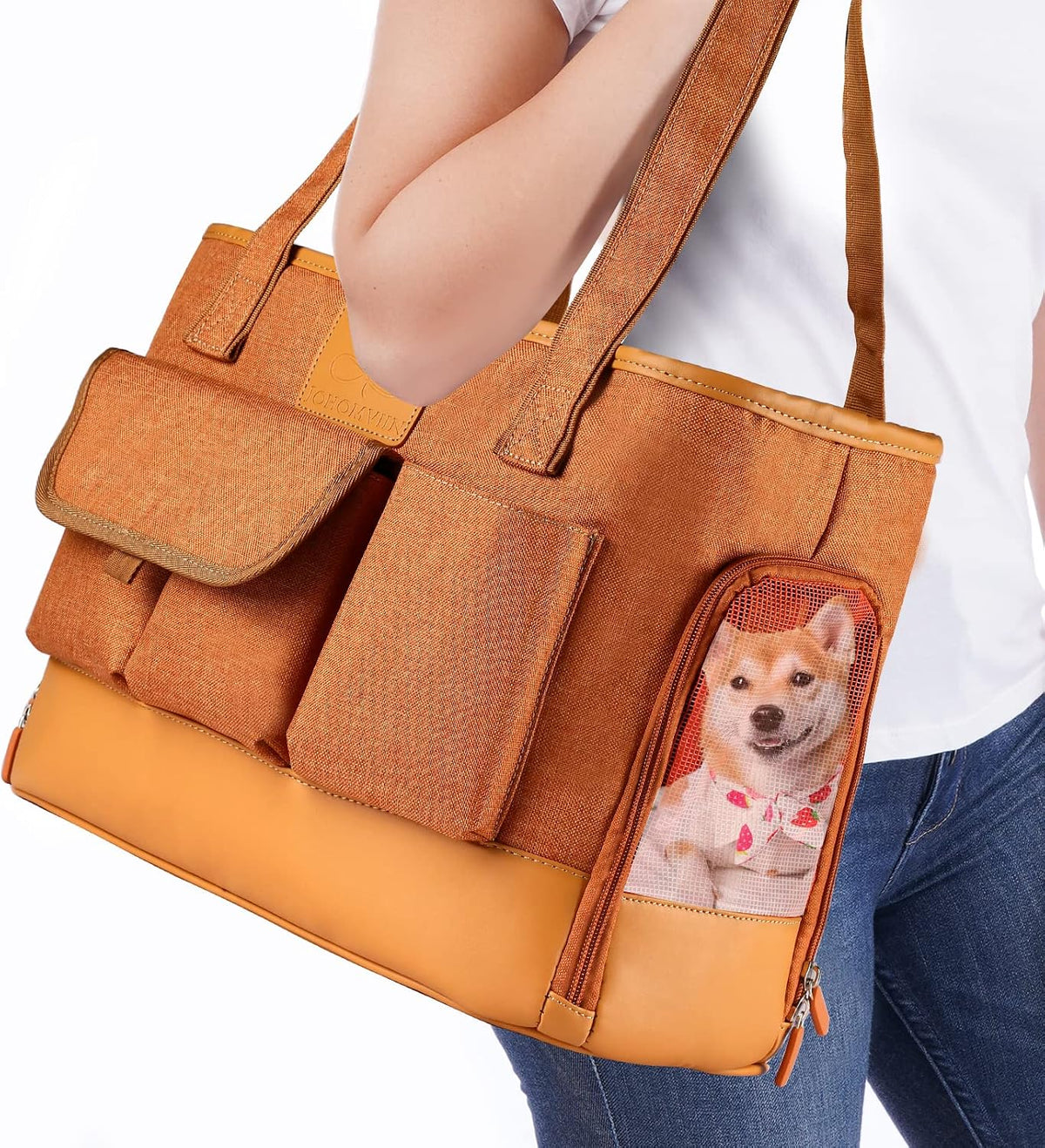 Cat Carrier, Dog Carrier, Pet Carrier, Foldable Waterproof Premium PU Leather Oxford Cloth Dog Purse, Portable Bag Carrier for Small to Medium Cat and Small Dog, Airline Approved Soft-Sided Carrier