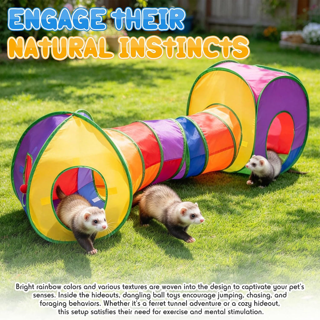 Foldable Ferret Tunnel, 3-in-1 Portable Pop Up Small Animal House with Hanging Ball, Easy to Store and Carry for Indoor Outdoor Ferret, Rabbit, Guinea Pig