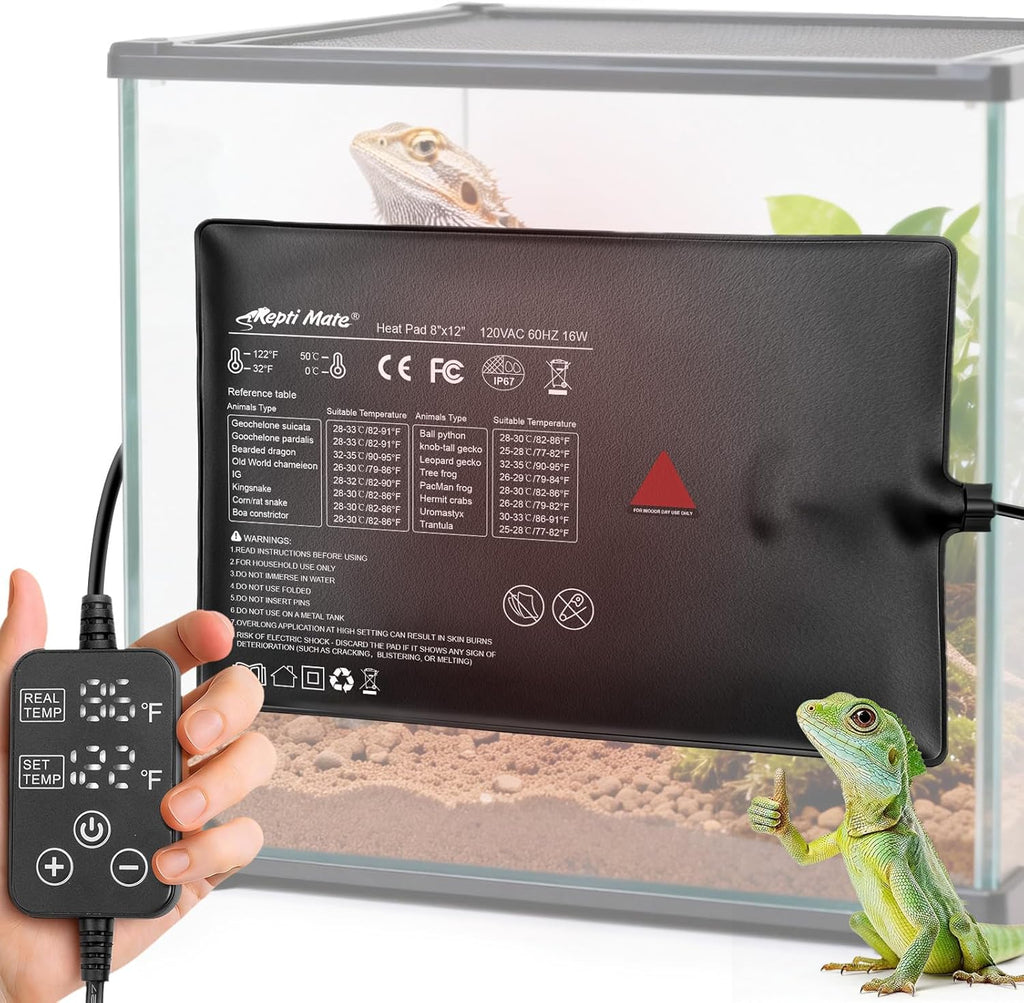 Reptile Heating Pad with Internal Sensor&Thermostat, 8" x 12" 16W Under Tank Heater Mat for 10-40 Gallon Tanks, IP67 Waterproof Safe Heat for Turtles, Bearded Dragons, Snakes, Lizards and Seedling